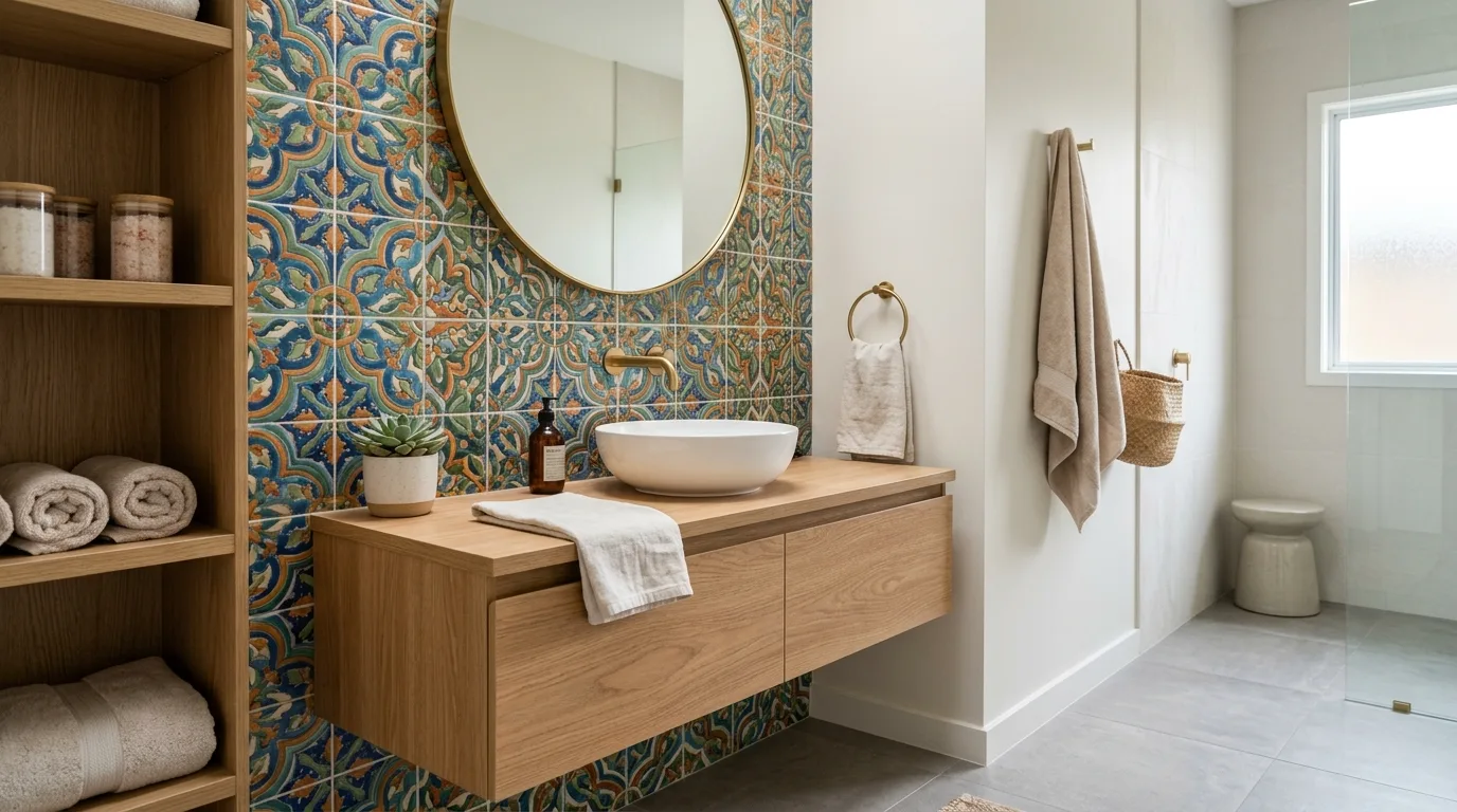 Add color behind the vanity inspiration for a tiled bathroom.
